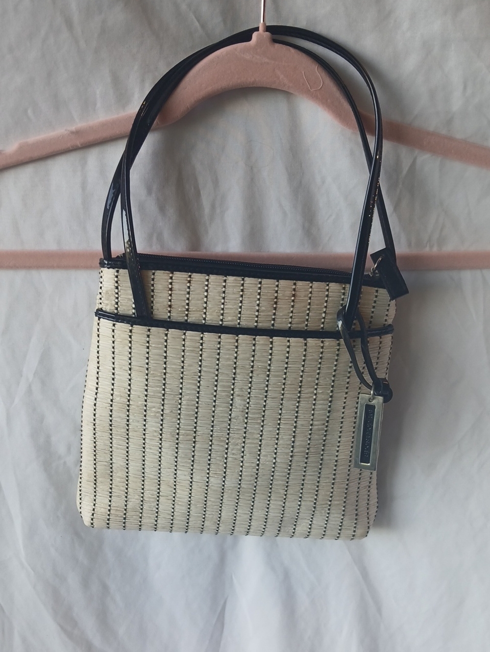 Apostrophe Cream Woven Shoulder Bag with Black Trim
